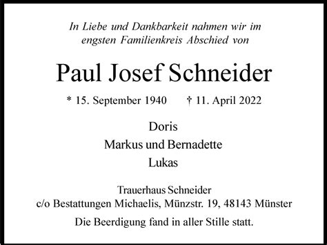 Traueranzeigen Von Paul Josef Schneider Trauer In Nrw De