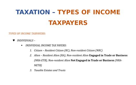 Taxation Lecture Notes Taxation Types Of Income Taxpayers Types