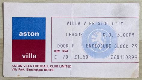 Original Division One Ticket Aston Villa V Bristol City Match