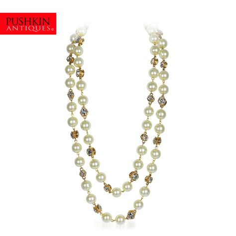 Vintage Chanel Pearl Necklace With Double Sided Cut Crystals France C