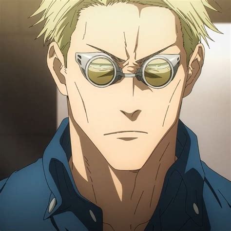 An Anime Character With Blonde Hair And Glasses Looking At The Camera