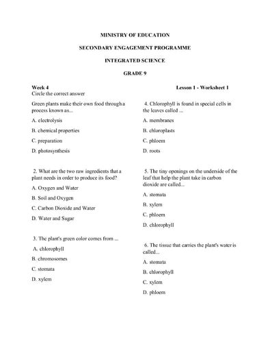 Grade 9 Integrated Science Week 4 Lesson 1 Worksheet 1 And Answer Sheet