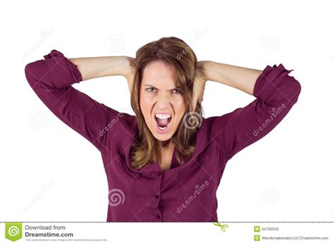 Pretty Brunette Shouting With Hands On Head Stock Image Image Of