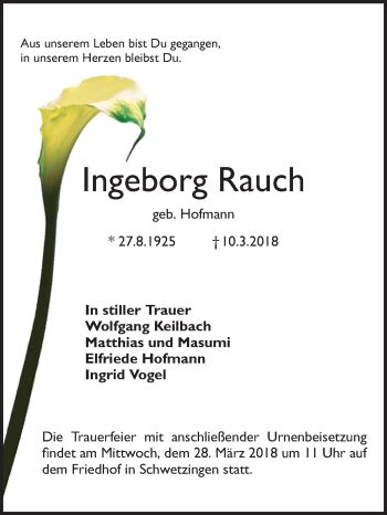 Traueranzeigen Von Ingeborg Rauch Trauerportal Ihrer Tageszeitung