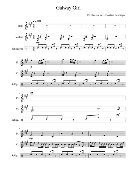 Galway Girl Ed Sheeran Sheet Music For Flute Violin Drum Group Mixed Trio