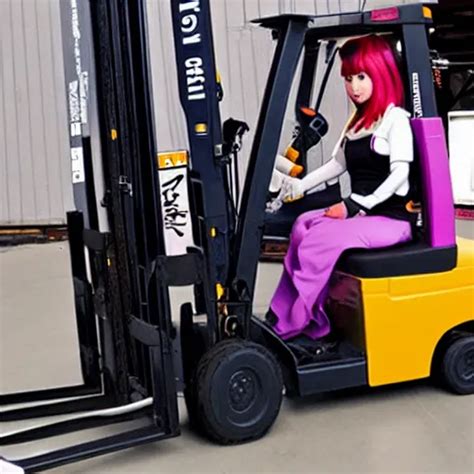 A Person Cosplaying Homura Akemi Operating A Forklift Stable