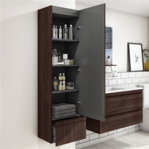 Single Door Dark Wood Effect Wall Mounted Tall Bathroom Cabinet 400mm X 1450mm Boston Beba