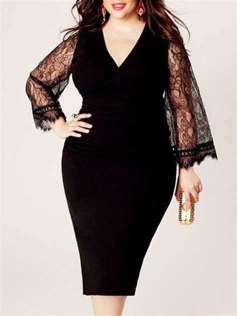 Bell Sleeve V Neck Hollow Out Solid Lace Plus Size Bodycon Dress Plus