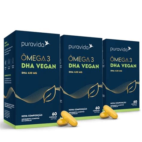 Kit 3 Unidades Vegan ômega 3 DHA 60 Cápsulas Pura Vida Corpo