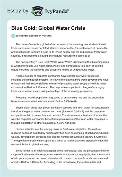 Blue Gold Global Water Crisis 565 Words Essay Example