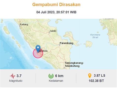 Gempa Terkini M 3 7 Guncang Bengkulu Tengah Berpusat Di Darat 6 Km