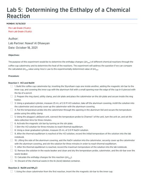 Lab Determining The Enthalpy Of A Chemical Reaction Benchling Lab