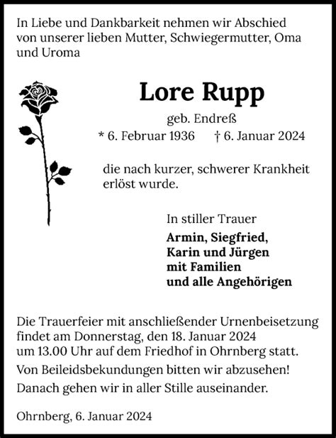 Traueranzeigen Von Lore Rupp Trauerundgedenken De