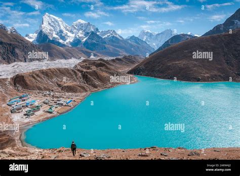 A Trekker Walking Down To The Camp In Front Of Gokyo Lake Sagarmatha