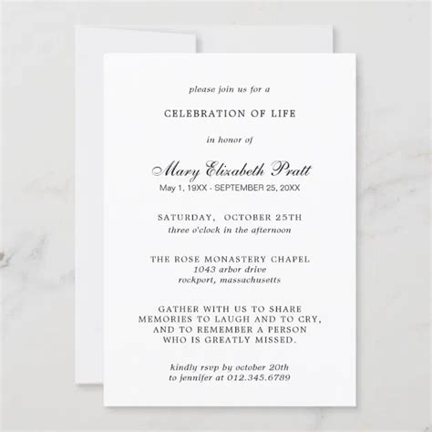 Celebration of Life Elegant Black White Funeral Invitation | Zazzle