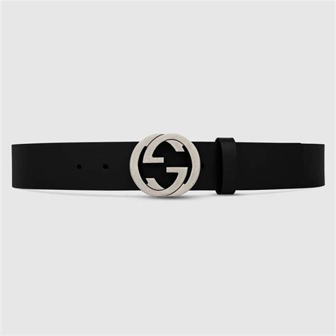 Gucci Gg Unisex Black Leather Belt With Interlocking G Buckle 4 Cm