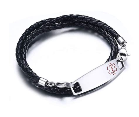 Medical Alert Bracelet Leather Mens Leather Bracelets Braided Metal Bar ...