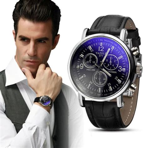 Fashion Faux Leather Mens Analog Quarts Watch Blue Ray Men Wrist