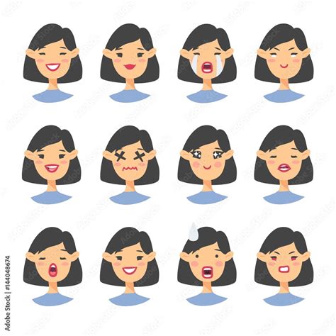 Set Of Asian Emoji Character Cartoon Style Emotion Icons Isolated