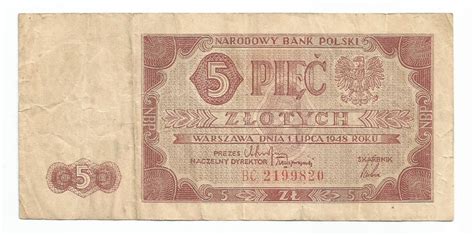 BANKNOT PRL 5 zł WARSZAWA 1 LIPCA 1948 r Łańcut Licytacja na