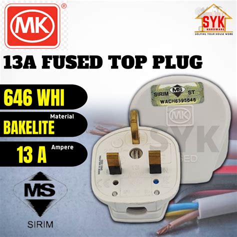 SYK MK 646 WHI 13A Heavy Duty 3 Pin Bakelite Fused Top Plug Kepala Plug