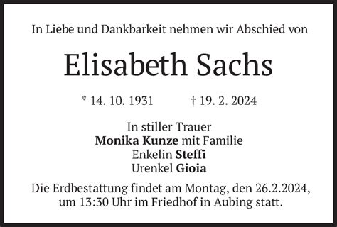 Traueranzeigen Von Elisabeth Sachs Trauer Merkur De