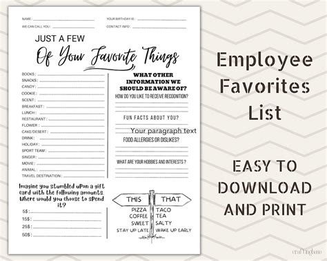 Printable Employee Favorite Things List