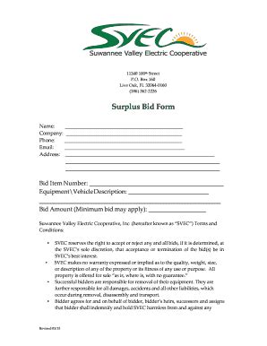 Fillable Online Svec Surplus Bid Form Fax Email Print Pdffiller