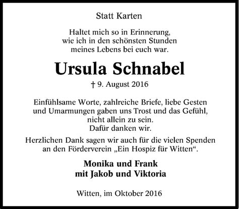 Traueranzeigen Von Ursula Schnabel Trauer In NRW De