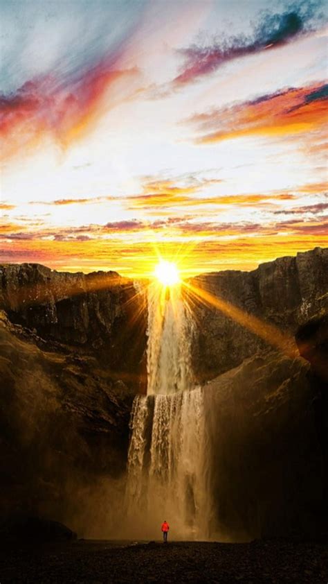 Sunrise, landscape, waterfall, sun, water, sky, nature, HD phone ...