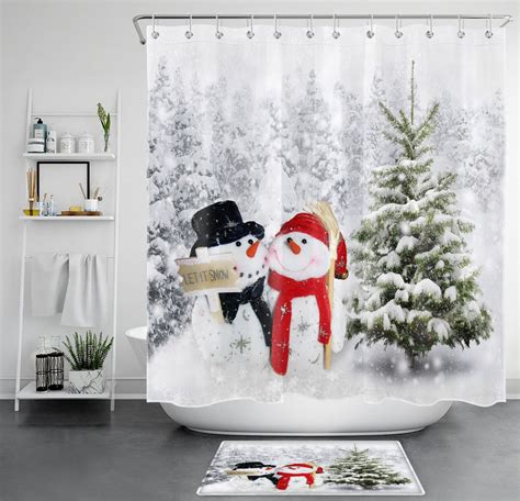 Winter Wonderland Hilarious Snowman Shower Curtain For A Pine Forest