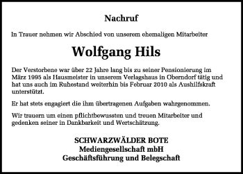 Traueranzeigen Von Wolfgang Hils Schwarzw Lder Bote Trauer