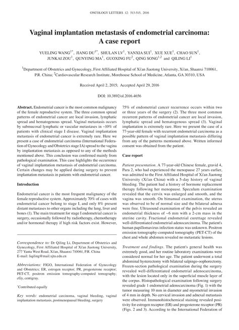 Pdf Vaginal Implantation Metastasis Of Endometrial Carcinoma A Case