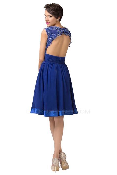 A Line Bateau Beaded Applique Short Blue Prom Evening Formal Dresses