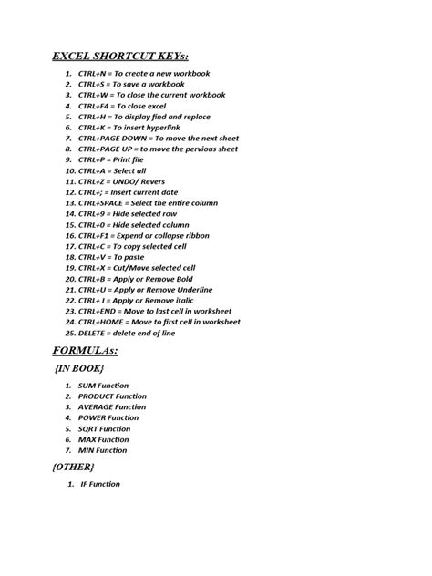 Excel Shortcut Keys And Formulas Pdf