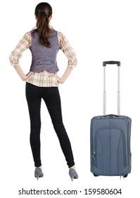 Back View Traveling Brunette Woman Jeans Stock Photo