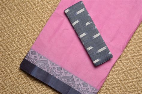 Tvis And Bliss Plain Style Baby Pink Bengal Cotton Saree With Prussian