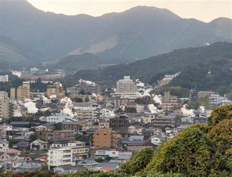 Beppu Cityscape With Steam Rised From Public Baths And Onsen Hot Spring Beppu Is One Of The