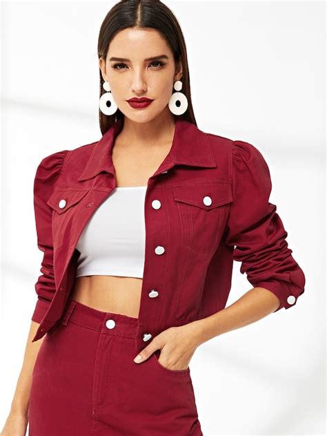 Puff Sleeve Pocket Front Crop Jacket Shein