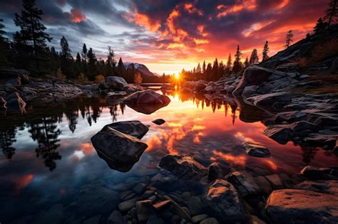 Premium Photo A Spectacular Sunrise Illuminated The Still Lake