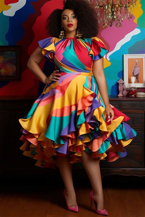 Xpluswear Design Plus Size Party Vintage Multicolor Colorblock Round