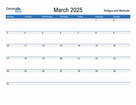 March 2025 - Antigua and Barbuda Monthly Calendar with Holidays