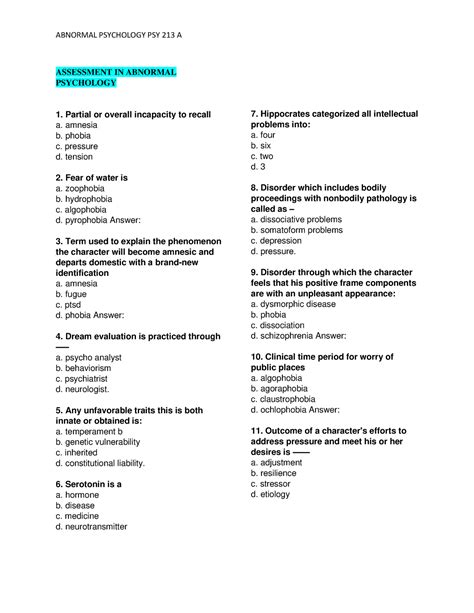 Assessment In Abnormal Psychology 2 ABNORMAL PSYCHOLOGY PSY 213 A