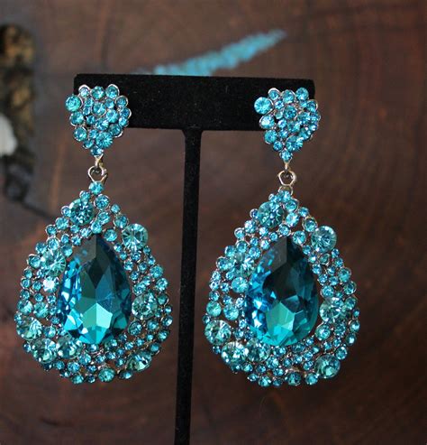 Teal Blue Rhinestone Earrings Tealaqua Blue Prom Earrings Etsy