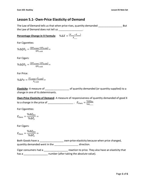 Econ 102 Intro Micro Lesson 05 Note Set Lesson 5 Own Price