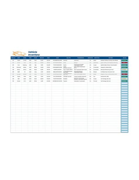 Free Vehicle Inventory Template In Google Docs