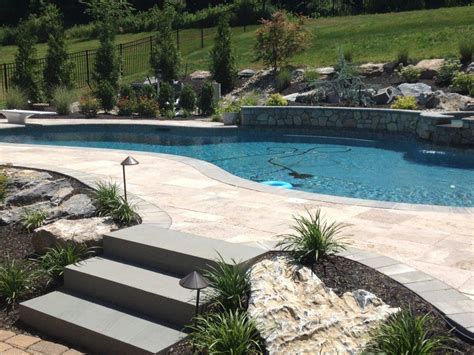 Bluestone Block Steps With Travertine Pool Paving And Bluestone Coping