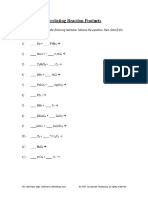 Predicting Reaction Products Worksheet PDF Aqueous Solution