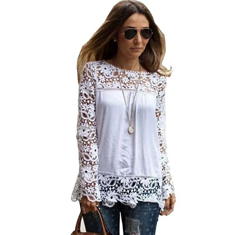 Chiffon Blouse 2016 Summer New Arrive O Neck Full Sleeve Patchwork Lace