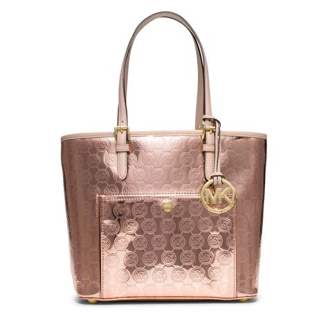 Michael kors Jet Set Medium Monogram Tote in Gold (ROSE GOLD) | Lyst